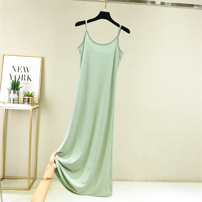 Summer Thin Ice Silk A-Line Dress Women's Casual Long Gown Inner Wear Vest Dress plus Size Korean Style Loose Waist Design