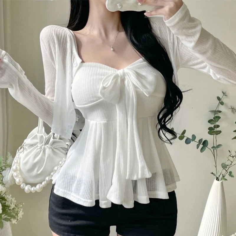 2026 Arrival Korea Dongdaemun Two Piece Set Sexy Slim Fit Bow Knot Tank Top+Elegant Solid Color Short Cardigan Women's Clothing
