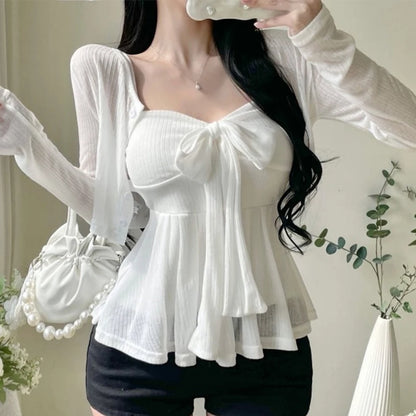 2026 Arrival Korea Dongdaemun Two Piece Set Sexy Slim Fit Bow Knot Tank Top+Elegant Solid Color Short Cardigan Women's Clothing