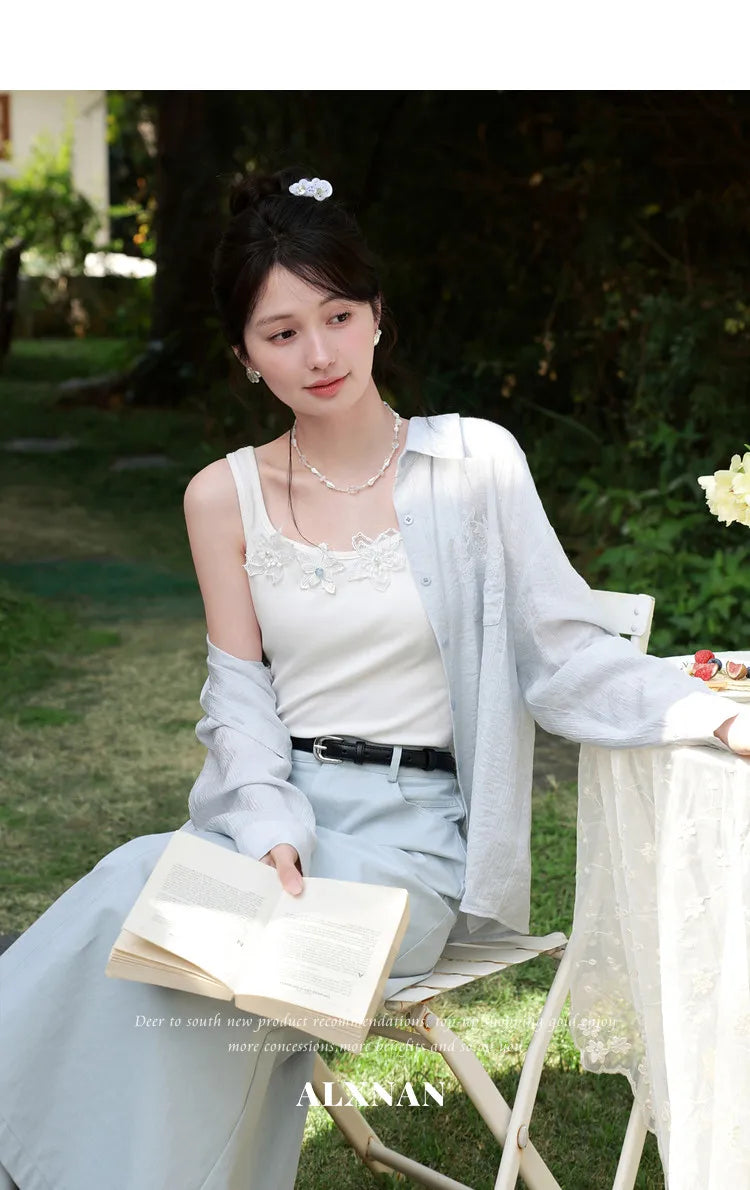 ALXNAN White Tank Tops Women 3D Floral Design Elegant Square Neck Camisole Summer Casual Cotton Female Sleeveless Tops L62833