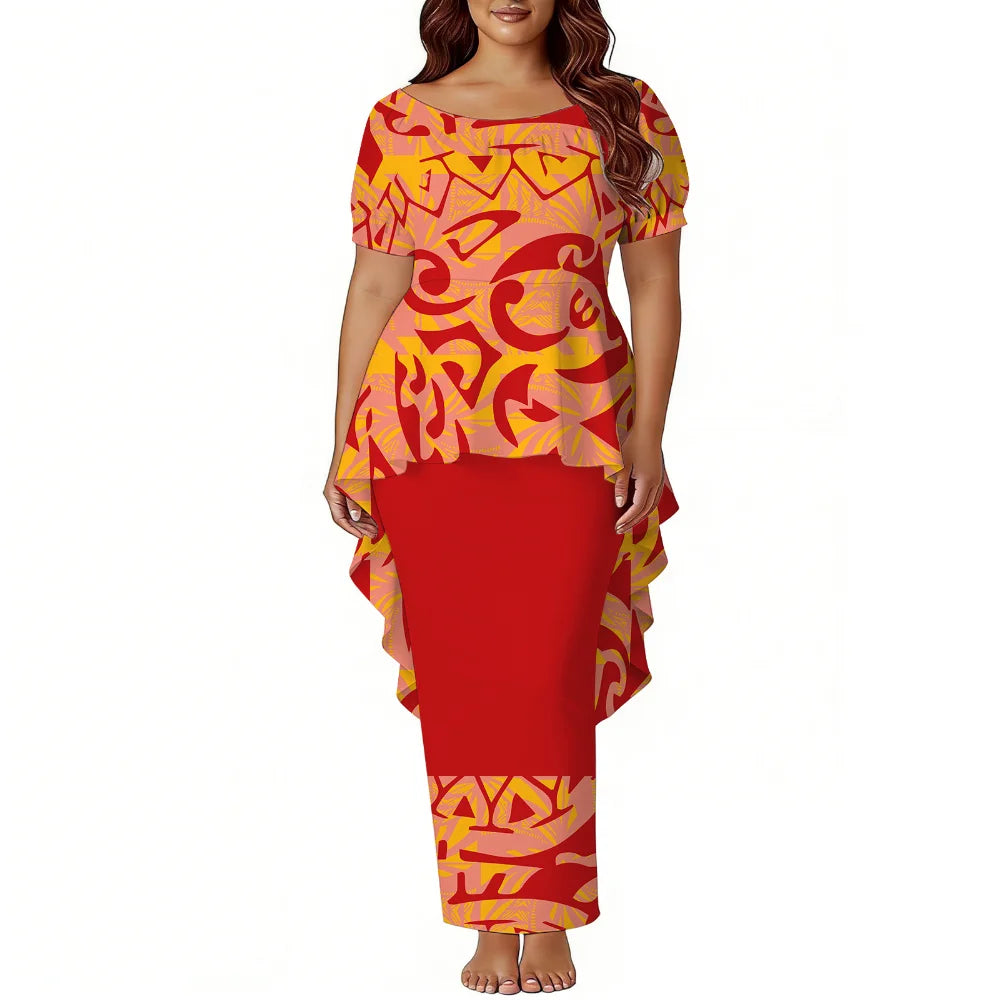 Polynesian Island-Style Women'S Short-Sleeved Puletasi Floral Print Dress Samoan Party Style Evening Dress