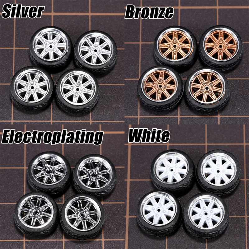 1/64 Model Car Wheels 4 Sets-11mm Diameter ABS Rubber Tires with Brake Disc-Upgrade Parts for Tomica Hot Wheels Diecast Vehicles