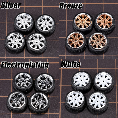 1/64 Model Car Wheels 4 Sets-11mm Diameter ABS Rubber Tires with Brake Disc-Upgrade Parts for Tomica Hot Wheels Diecast Vehicles