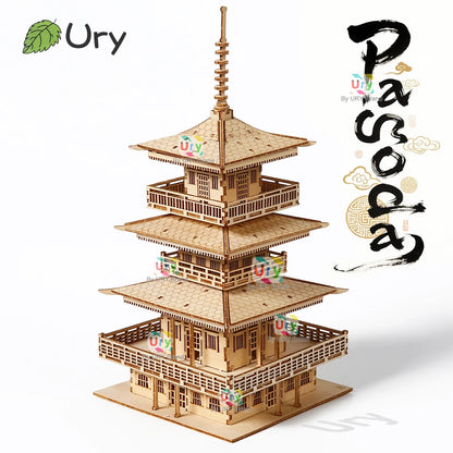 URY 3D Wooden Tower Ancient Pagoda Chinese Traditional Puzzle DIY Model Game Assembly Desktop Toy Gift for Adult