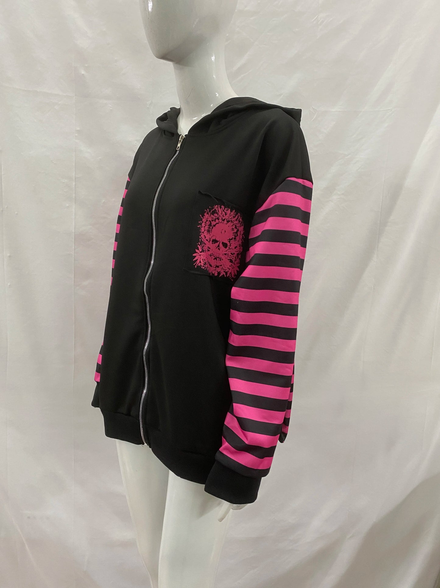 2026Y2K Goth Women's Bunny Ear Zip Up Hoodie Skull Print Striped Punk Aesthetic Streetwear Hooded Sweatshirt