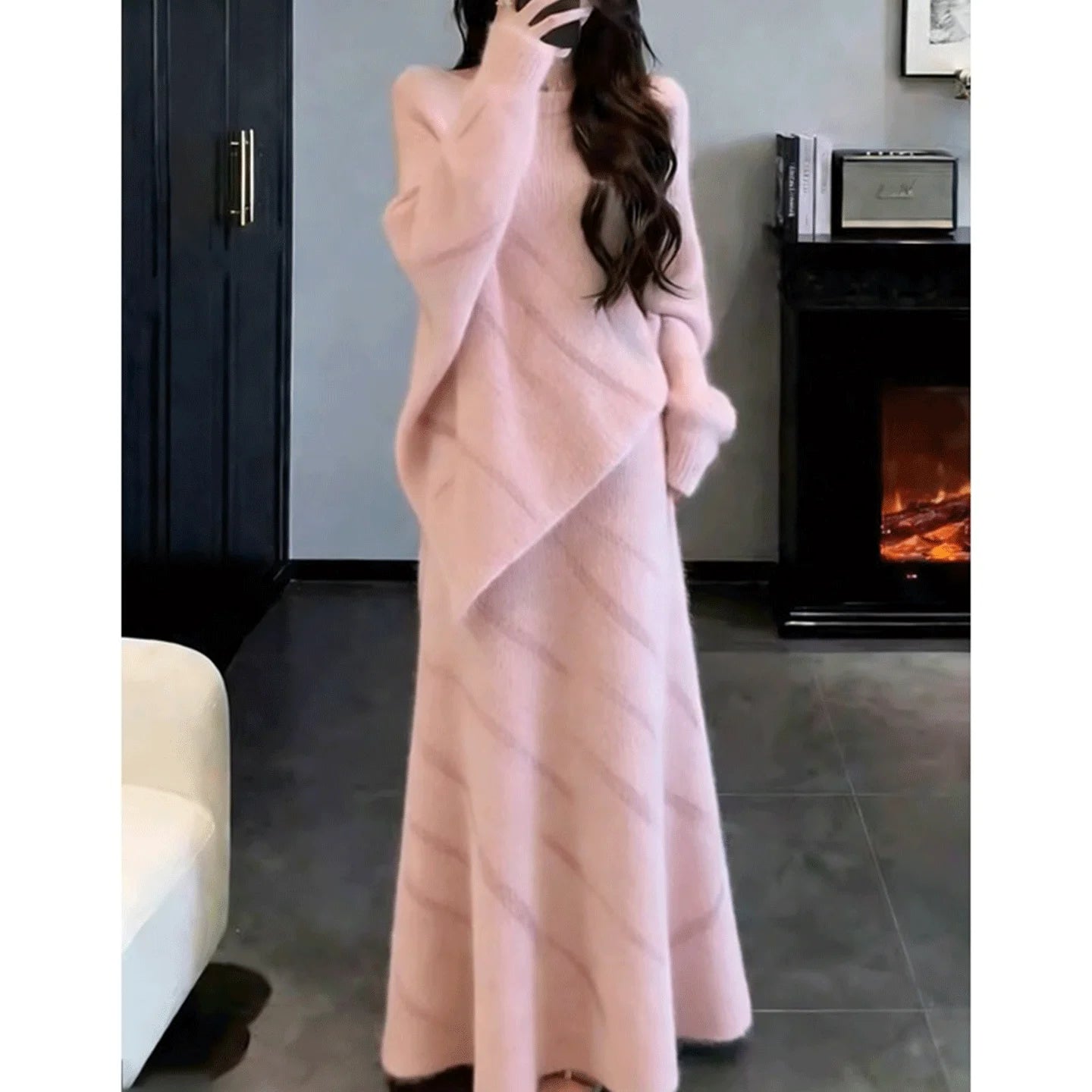 Cozy Lazy Knitted Set Women Winter Sweater  Skirt Two Piece Set 2026 Super Popular Outfit Whole Set Long Sleeve round Neck