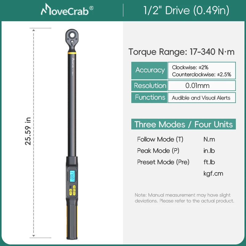 MOVECRAB Digital Torque Wrench 0.6-340N.m 2% Accuracy Preset & LED/Buzzer Alerts for Bike Motorcycles Automotive Mechanical Tool