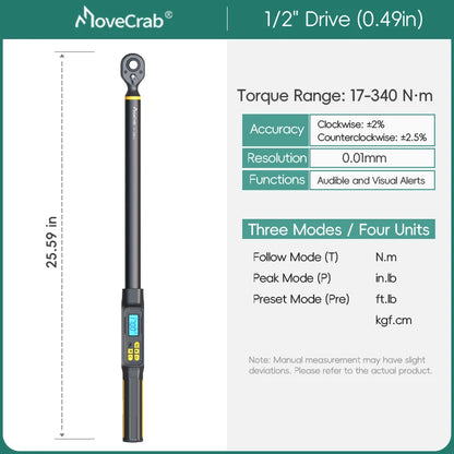 MOVECRAB Digital Torque Wrench 0.6-340N.m 2% Accuracy Preset & LED/Buzzer Alerts for Bike Motorcycles Automotive Mechanical Tool