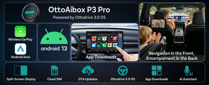 OTTOCAST P3 Pro Android Car Box Smart Car System for Car with AI Voice Assistant Cloud SIM 4G Dual Screen Fast Wireless Connecti