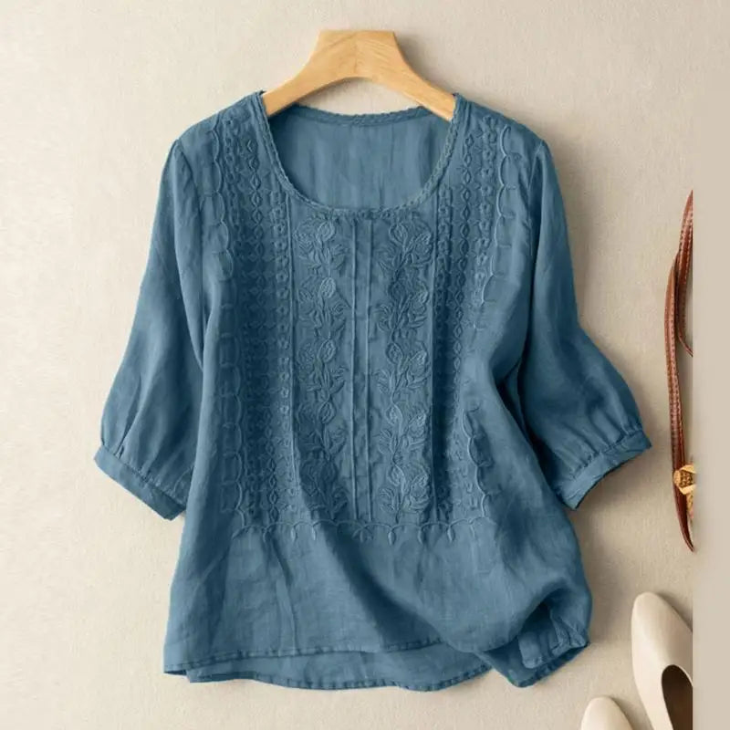 ZANZEA Elegant Women Embroidered Blouses Autumn 2024 3/4 Puff Sleeve Transparent Blusas Mujer Casual Vintage Cotton Shirts Tops