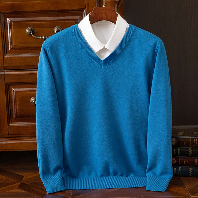 Autumn Winter Basic Merino Wool V-neck Sweater Men's Fashionable Casual Business Knitwear Cashmere Pullover Clothing Tops
