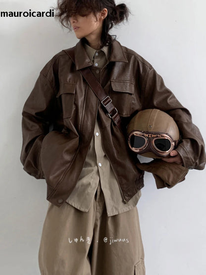 Mauroicardi Autumn Winter Vintage Oversized Cool Brown Black Soft Pu Leather Jacket Men Pockets Loose Casual Unisex Clothes 2023