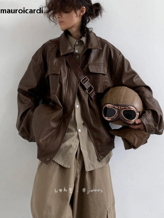 Mauroicardi Autumn Winter Vintage Oversized Cool Brown Black Soft Pu Leather Jacket Men Pockets Loose Casual Unisex Clothes 2023