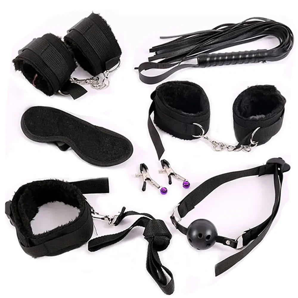 Erotic Sex Toys For Women Adults Games Nylon Bondage BDSM Kits Handcuffs Sex Whip Mouth Gag Rabbit Tail Anal Plug
