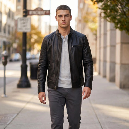 Genuine Cow Leather Men Jacket Short Stand Collar Biker Motorcycle Coat Fashion Slim Real Leather Casual Outerwear