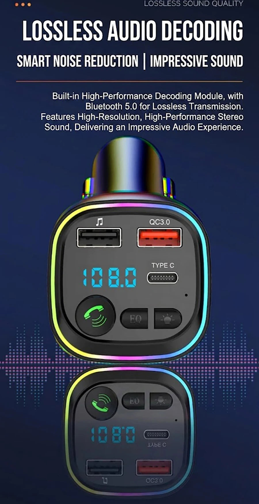 Car Bluetooth FM Transmitter Audio Adapter With RGB Ring Light Dual USB QC3.0 And Type-C Fast Charger Hands-Free MP3 Player