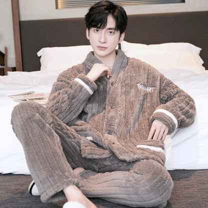 Thickened Flannel Coral Fleece Lined Sleepwear Set Men's Long Sleeve V-Neck Button Placket Home Clothes Suitable for Outdoor