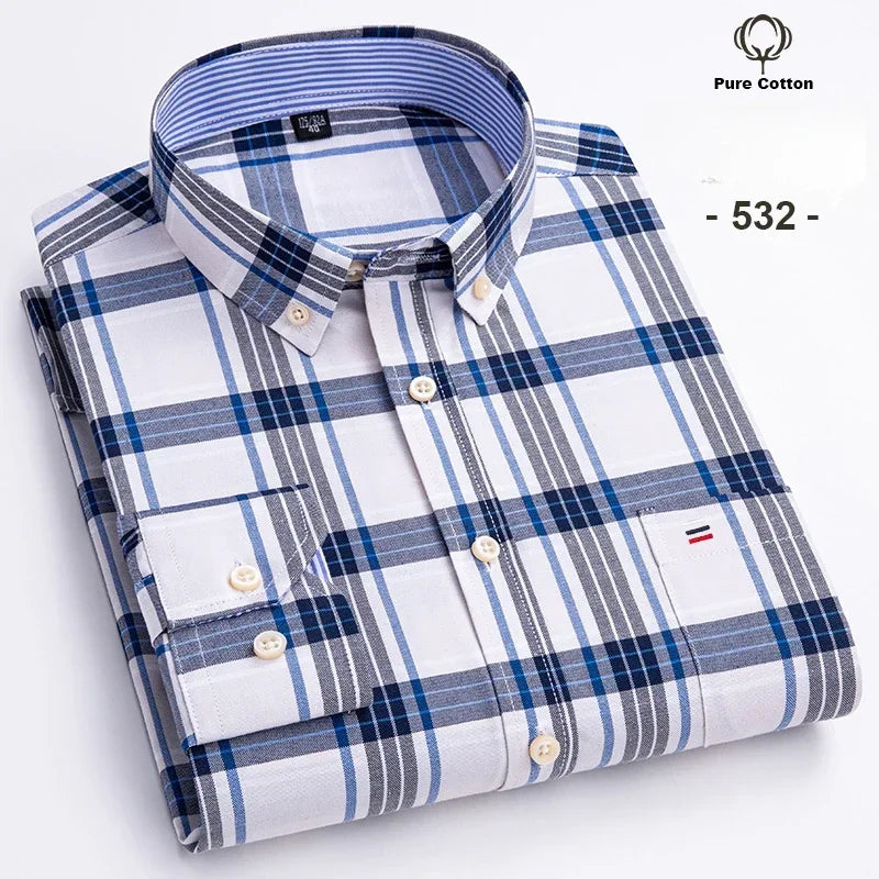 New In Shirt Plus Size 7XL 100% Cotton Oxford Long-Sleeve Shirts for Man Slim Fit Formal Plain Shirt Plaid Office Elegant Clothe