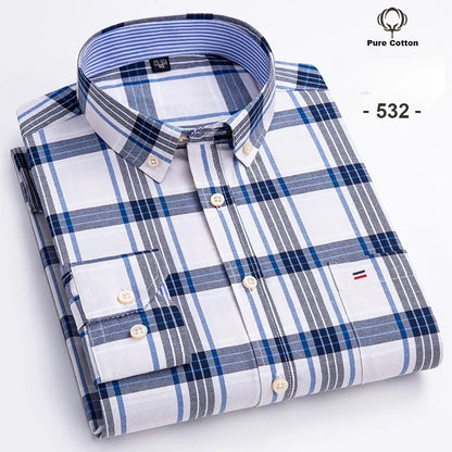 New In Shirt Plus Size 7XL 100% Cotton Oxford Long-Sleeve Shirts for Man Slim Fit Formal Plain Shirt Plaid Office Elegant Clothe