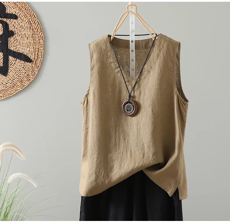 Slimming Pure Color Cotton Linen Lightweight Sleeveless round Neck Inner Wear Large Size Women's Fashionable Versatile Top