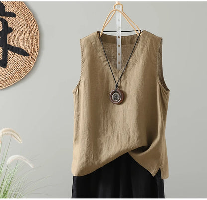 Slimming Pure Color Cotton Linen Lightweight Sleeveless round Neck Inner Wear Large Size Women's Fashionable Versatile Top