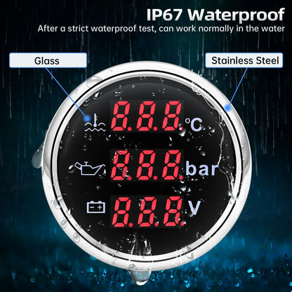 3 in 1 Car Gauge﻿ Water Temperature + Oil Pressure + Voltmeter 52mm Digital Red Backlight  Waterproof car gauge or with Sensor