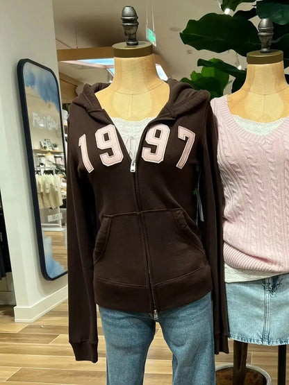 1977 Letter Embroidery Slim Zip-up Hoodies Women Autumn Long Sleeve Zipper Sweatshirts Sweet Vintage Casual Athletic Outerwear