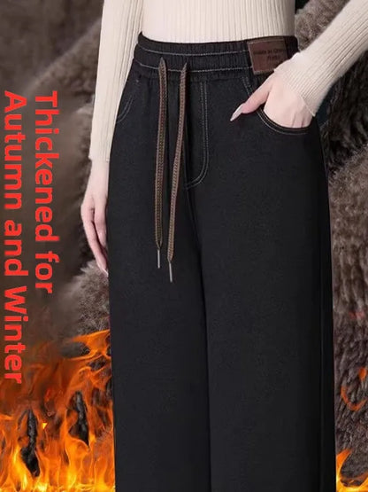 Women's High Waist Fleece Lined Thickened Denim Look Wide Leg Pants Autumn Winter Warm Casual Trousers Fashionable Long Pants