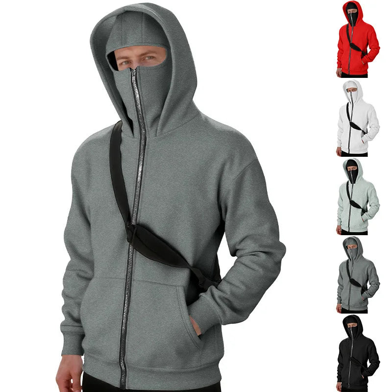 Men's Full Zip Hoodie with Built-in Face Mask Balaclava Techwear Sweatshirt with Crossbody Strap Tactical Streetwear Top