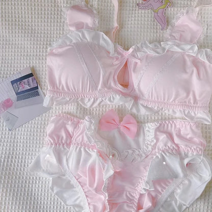 MOYISU Kawaii Lolita Bra Set, Bunny Ear Cutout No Wire Bralette Soft Sweetheart Lingerie Small Bust Pure Sexy Japanese Ya Ma Die