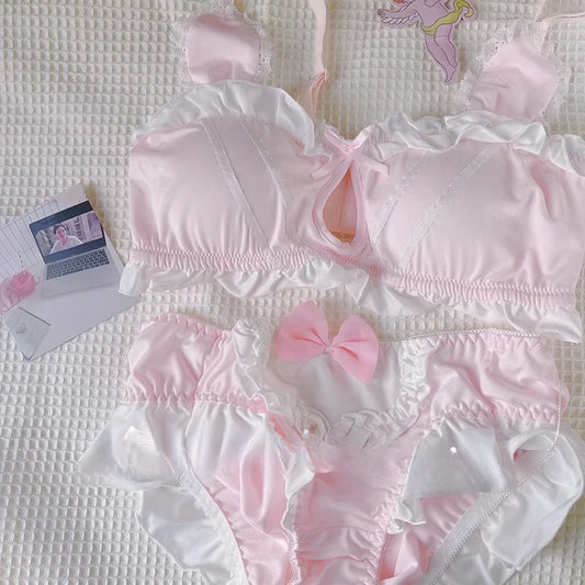 MOYISU Kawaii Lolita Bra Set, Bunny Ear Cutout No Wire Bralette Soft Sweetheart Lingerie Small Bust Pure Sexy Japanese Ya Ma Die
