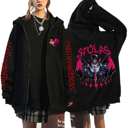 Helluva Boss Print Hooded Zipper Men Women Casual Fashion Fall Winter Warm Vintage Long Sleeve Tops Fleece Zip-Up Sweatshirts