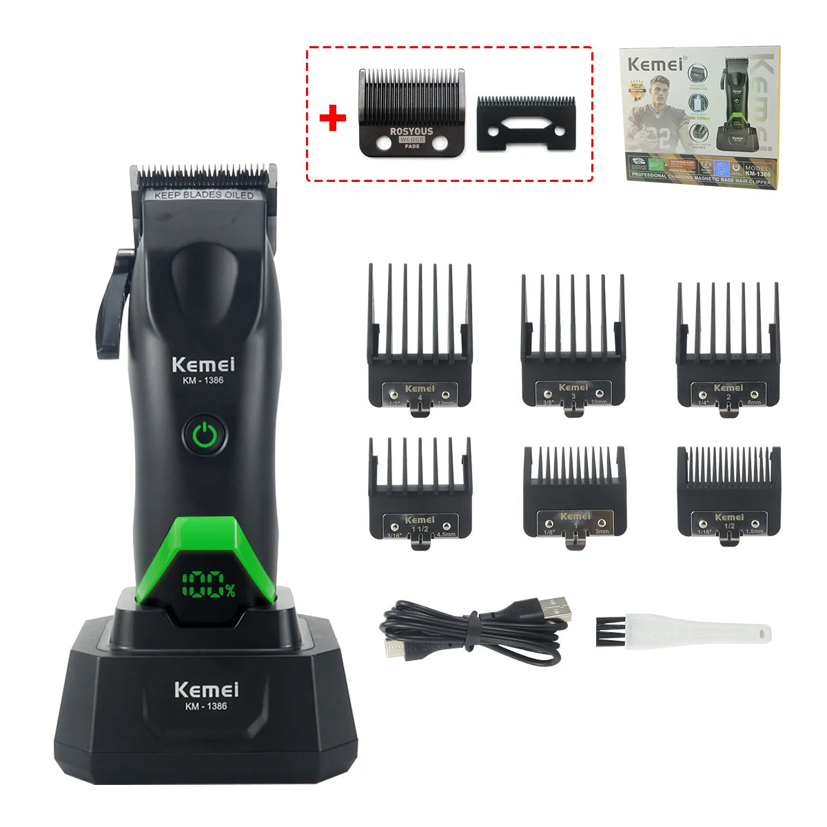Kemei 1386 Men's Hair Clipper 8000RPM DLC Blade with Base Charger LED Display 2000mAh Professional Hair Cutting Machine Trimmer