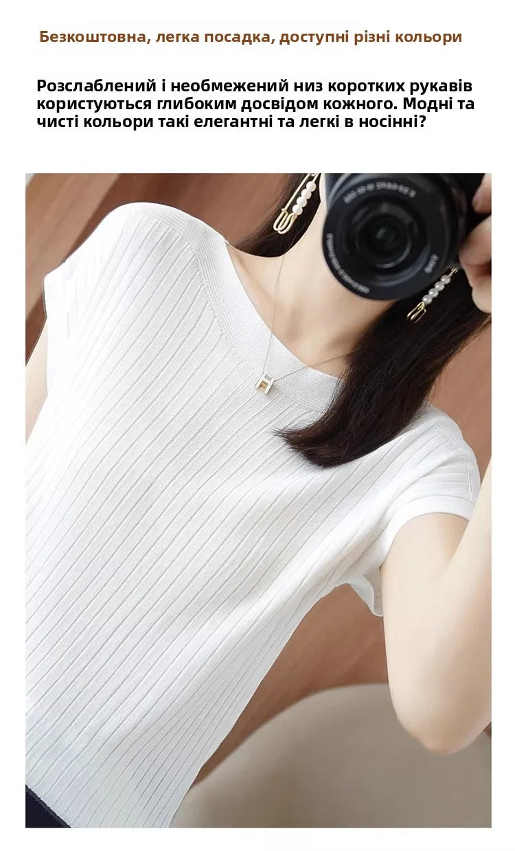 Ice Silk Knitted Top Women Loose Spring Summer New Style Thin Short Sleeve One Shoulder T-Shirt Breathable Comfortable Casual...