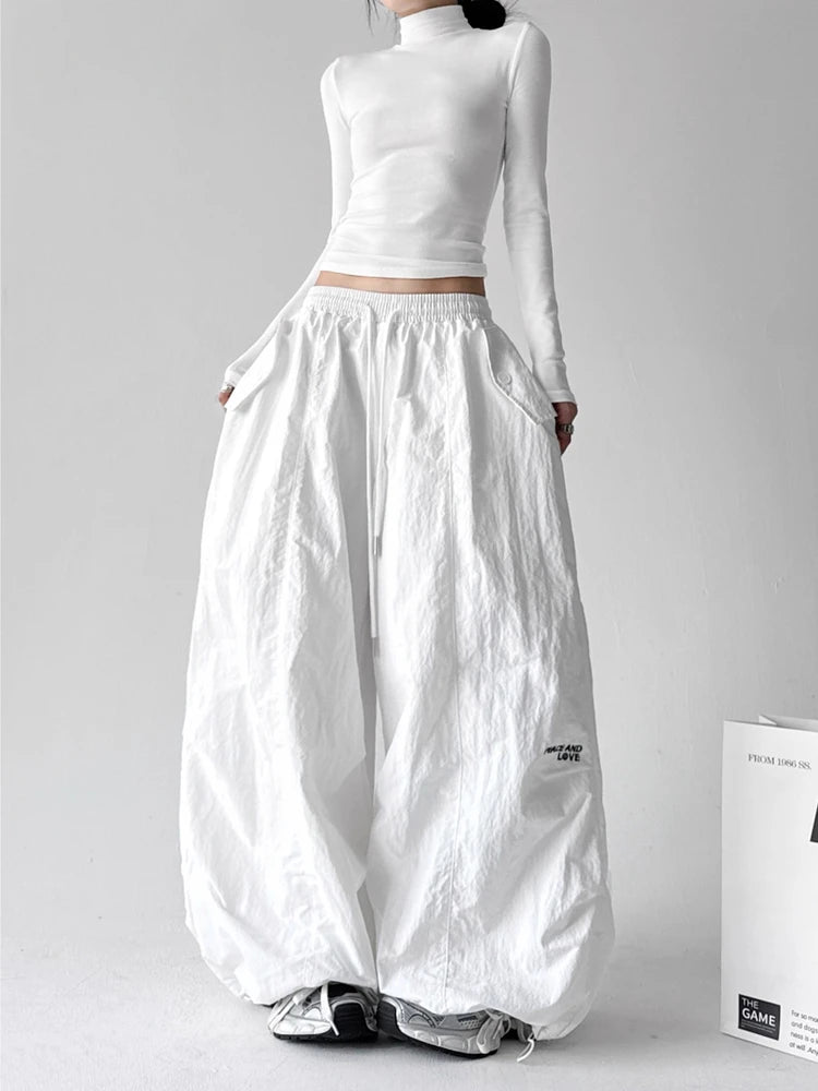 American Style High Waist Quick Dry Wide Leg Pants Women's Spicy Girl Slimming Casual Paratrooper Workwear Trendy White