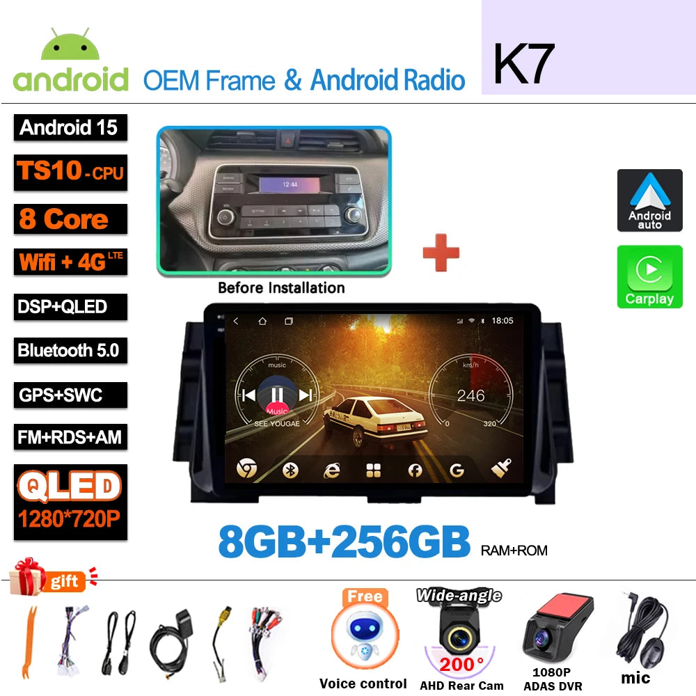 Android 16For NISSAN MICRA KICKS 2017 2018 2019 4G WIFI Car Radio Multimedia Video Player GPS Navigation No 2Din Touch Screen