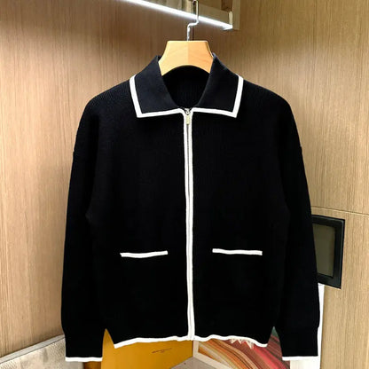 England Vintage Men Patchworked Knitted Sweater Shirts Long Sleeve Zipper Closure Pullovers Turn-down Collar Luxury Men Tops