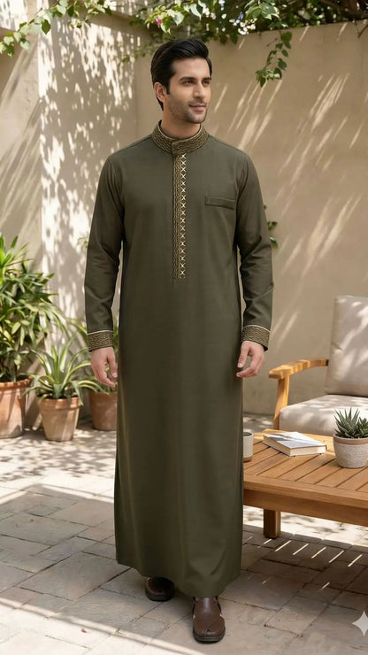 2026 New Men's Stand Collar Long Sleeve Embroidered Loose Fit Shirt Long Dress Robe Abaya Ramadan Dubai Luxury Islam Elegant