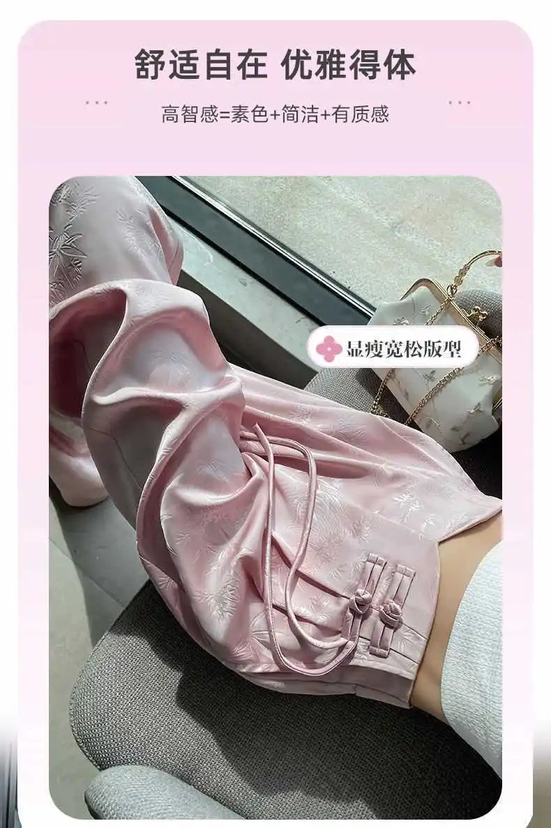 High Waist Loose Straight Pants with Button Knot Pocket New Chinese Style Satin Wide Leg Pants Spring Summer Trousers Pink Black