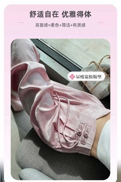 High Waist Loose Straight Pants with Button Knot Pocket New Chinese Style Satin Wide Leg Pants Spring Summer Trousers Pink Black
