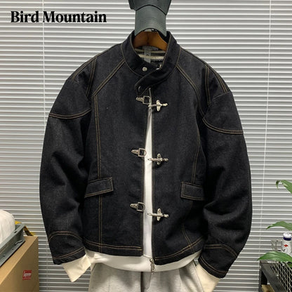 American Vintage Denim Jacket Men Stand Collar Cotton Spring Metal Button Splicing Regular Fit Streetwear Trendy Casual Outwear