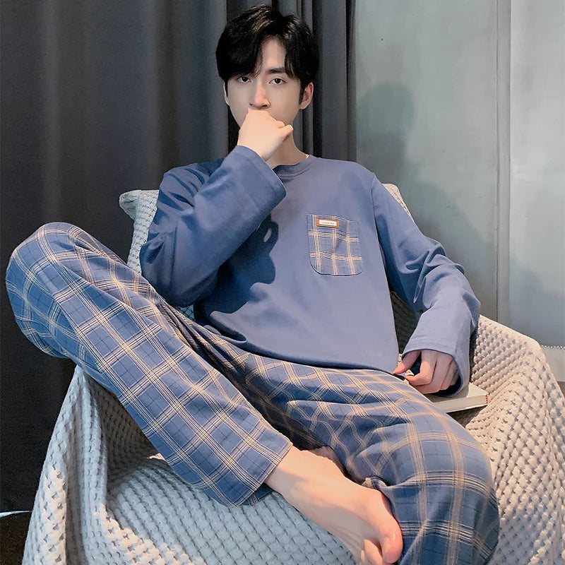 Soft Cotton Pajamas Autumn Men's Plaid Sleepwear Big Yards L-4XL Pajama Sets Casual Sleep&Lounge Pyjamas Pijamas Hombre