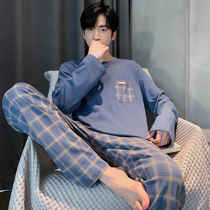 Soft Cotton Pajamas Autumn Men's Plaid Sleepwear Big Yards L-4XL Pajama Sets Casual Sleep&Lounge Pyjamas Pijamas Hombre