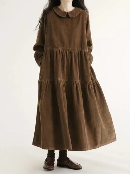 Japanese Style Long Sleeve Corduroy A-Line Dress Loose Slimming Simple Design Women's plus Size Dress Daily Wear Long Dress