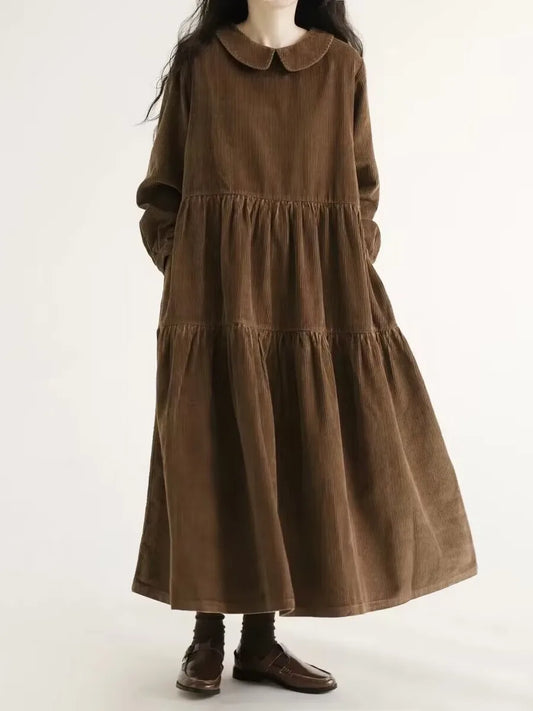 Japanese Style Long Sleeve Corduroy A-Line Dress Loose Slimming Simple Design Women's plus Size Dress Daily Wear Long Dress