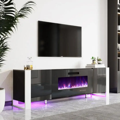 Fireplace TV Stand with 36" Fireplace, 70" Modern Entertainment Center with High Gloss Doors & LED Lights, U-Shaped Legs TV Cons