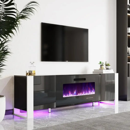 Fireplace TV Stand with 36" Fireplace, 70" Modern Entertainment Center with High Gloss Doors & LED Lights, U-Shaped Legs TV Cons