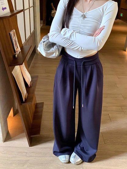 High Waist Wide Leg Sport Pants Women Loose Lazy Style Spring Autumn Casual Straight Long Trousers Comfortable High Waist