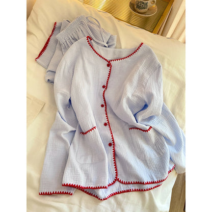 Casual Cotton Pajamas Long Sleeve Sleepwear Women's Spring Autumn Style Comfortable Home Clothes Set Wide Leg Pants Outfit