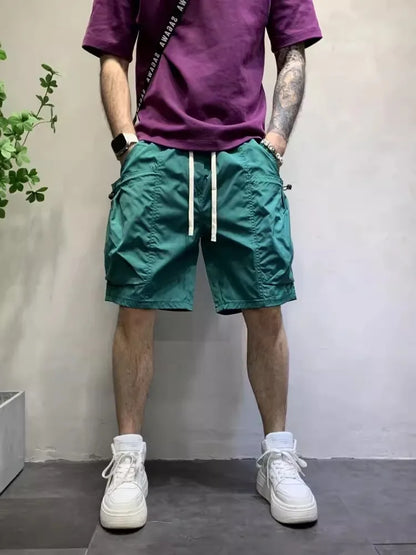 New Summer Beach Shorts Fashion Candy Color Big Pocket Mens Cargo Shorts Casual High Street Loose Fit Knee Length Trousers Male